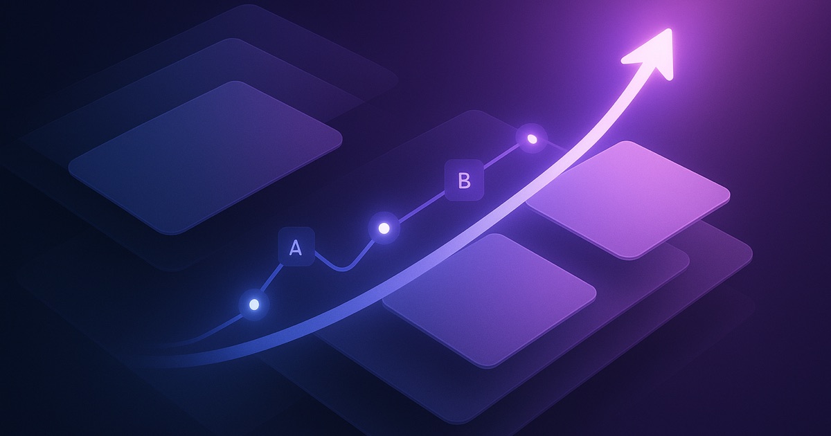 Abstract illustration of a no-code paywall builder and subscription growth dashboard in navy and purple