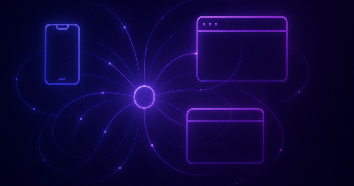 Abstract visualization of cross-platform subscription infrastructure on a dark navy and purple backdrop